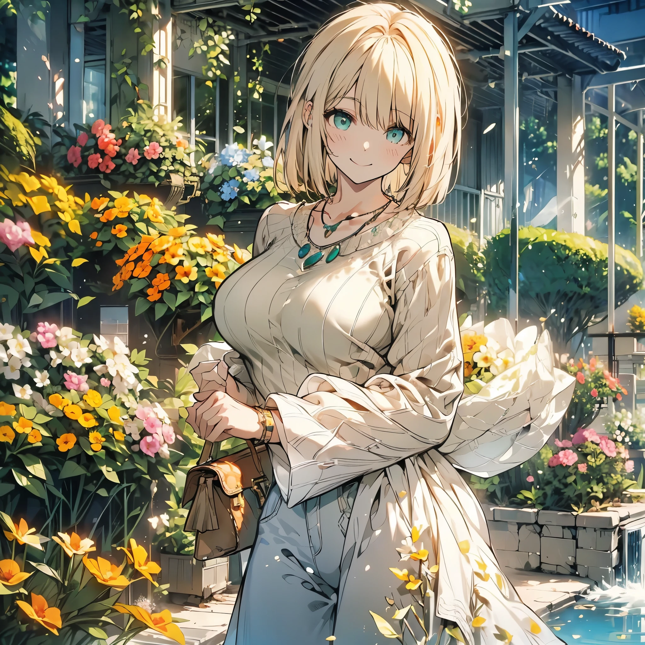 ((Fantasy　Beige Hair　Short Bob　White knit　Green Necklace　Large Breasts))　((Flower Garden　Bathed in light　Splash　sun　Peaceful scenery))　(smile　Flowing hair　Open your eyes a little)　Denim pants　Small Bag　Stylish　Beauty　Shining Edge