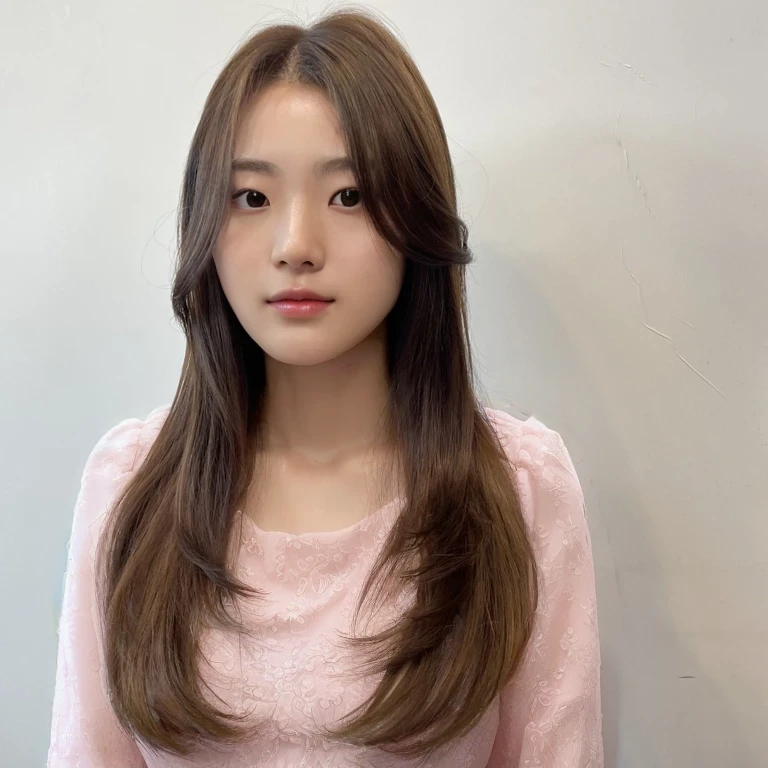 Best Quality, 8k, Masterpiece, (Portrait: 1.3), (photo realistic:1.4), (hyper realistic:1.4), Sharp Focus, looking at viewer, (smoother lighting:1.1), (increase cinematic lighting quality:0.9), realistic lighting, backlighting, light on face, ray trace, (brightening light:1.2), (Increase quality:1.4), sharp detail, (best quality real texture skin:1.4), finely detailed eyes, black_eyes, finely detailed face, 25 year old Korean woman, (pink dress_shirt:1.4), (Create an image maintaining the original base model hairstyle:1.5)