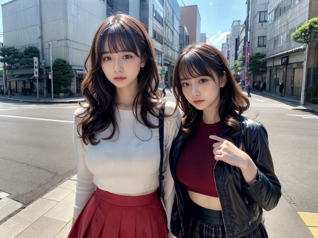 master piece, best quality, illustration, Super detailed, fine details, High resolution, 8K,wall paper, perfect dynamic composition,(Details High quality, realistic depiction of eyes:1.3), (2girls), (wavy hair:1.2), street snap, wearing black Down jacket and red shirt and long skirt, ((facing viewer)), at the street in tokyo, Layered Cut, black hair color, Big Natural Color Lip, sexy pose, crying a little、cold gaze, Harajuku style、20 year old girl、cute type、lolita, hposing Gravure Idol, full body photo, huge breasts