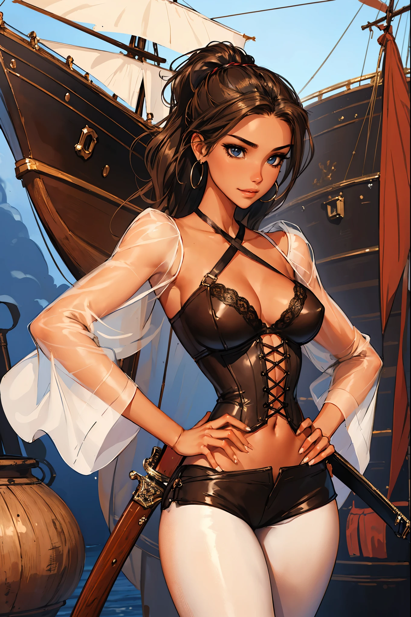 (masterpiece), best quality, expressive eyes, perfect face, (pirate ship background), (standing), (smirk), (closeup view), (1girl, vanessa alessia, dark skin, tanned skin, brown hair, wavy hairstyle, brown eyes, hourglass figure, thin body, skinny body, petite_body, medium breasts, thick thighs, long fingernails, brown plaid head wrap, white front lace blouse, long sleeve, loose fit, brown leather corset, brown leather shorts, brown boots, sheathed cutlass sword, flintlock pistol in holster, hoop earrings, miscellaneous jewelry),  big breasts, stripping, elegant makeup, exhibitionism, naked in public, , slim thighs, toned body, shiny skin, sexy pose, blue eyes, narrow hips, wearing high hip thong and see-through top