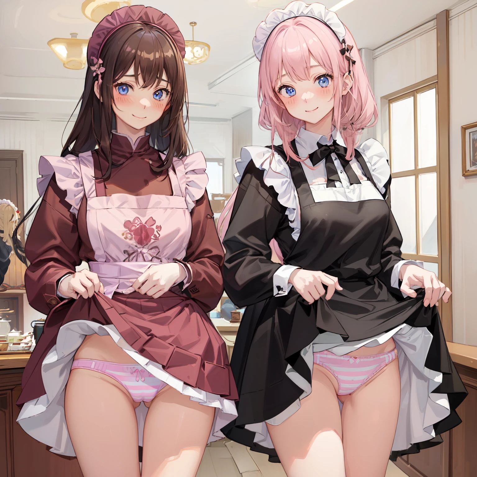 highest quality、masterpiece、((2 girls:1.5))、((smile:1.3))、(blush:1.3)、Black Shirt、blouse、((fun!!))、(Small breasts)、()、Blonde、(Long sleeve)、((White apron:1.5))、((Maid))、((hair ornaments)),、Kamimei、look at me、 ((in house:1.5))、 Taking a break from watching the audience、Cowboy Shot、(Skirt lift:1.3),(Highly detailed pink striped panties:1.3)、(Highly detailed panties:1.3)、、(スカート that rolls up:1.3)、(Panties fully exposed:1.5)、Light blue eyes、long hair、Glowing Eyes
