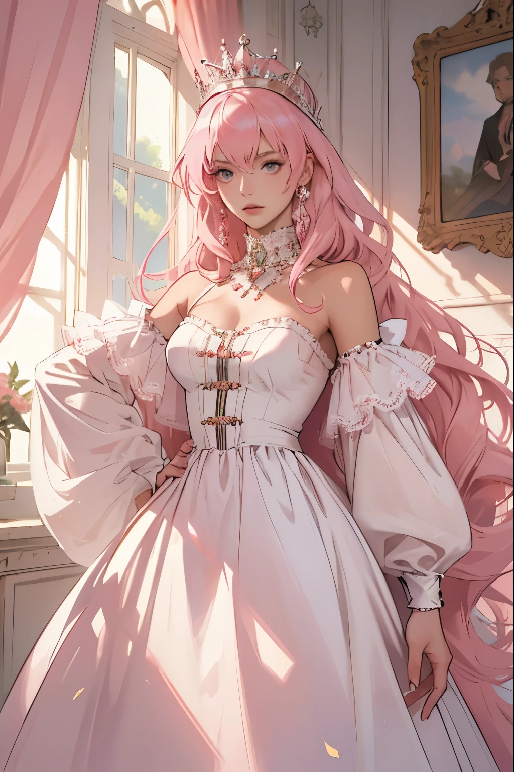 (masterpiece, highest quality), 1 Girl, alone, (Queen:1.15), Pink Hair, Long Hair, curtain, White Dress, Queen&#39;s Dress, Aurora, (sunlight, null, river, forest), Expressionless, Red eyes, (Art Nouveau:1.2), Alphonse Mucha, tiara, (Face focus, Upper Body), (Red Throne:1.12), Very intricate details, Realistic Light, smile