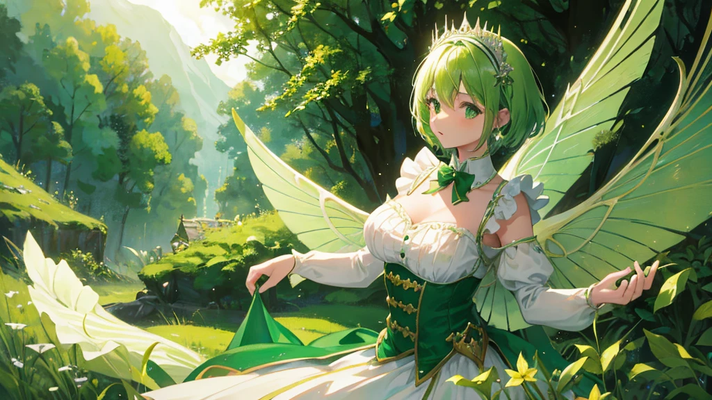 girl with green short hair, green and white royal clothes, green fairy wings, cute girl, leave, royal forest, 8k resolution