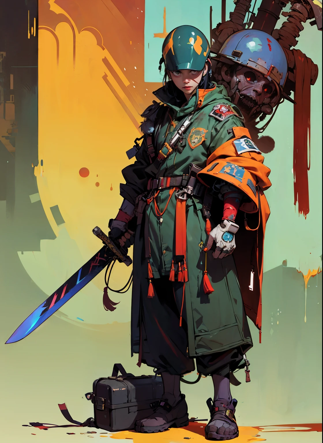 perfect proportions, anatomically correct, (head to toe: 2.0), (full body image: 2.0), solo, extremely stylized, deviant art, masterpiece, highly detailed, detailed eyes, expressive detailed eyes, detailed pupils, futuristic, Rubber Gloss, (flightsuit:1.4), big boots, entire body image, full body shot, tassels, large beads, (large tassels), cyberpunk, inkpunk, paint platter, ink splatter, (action pose:1.0), ((holding a sword))