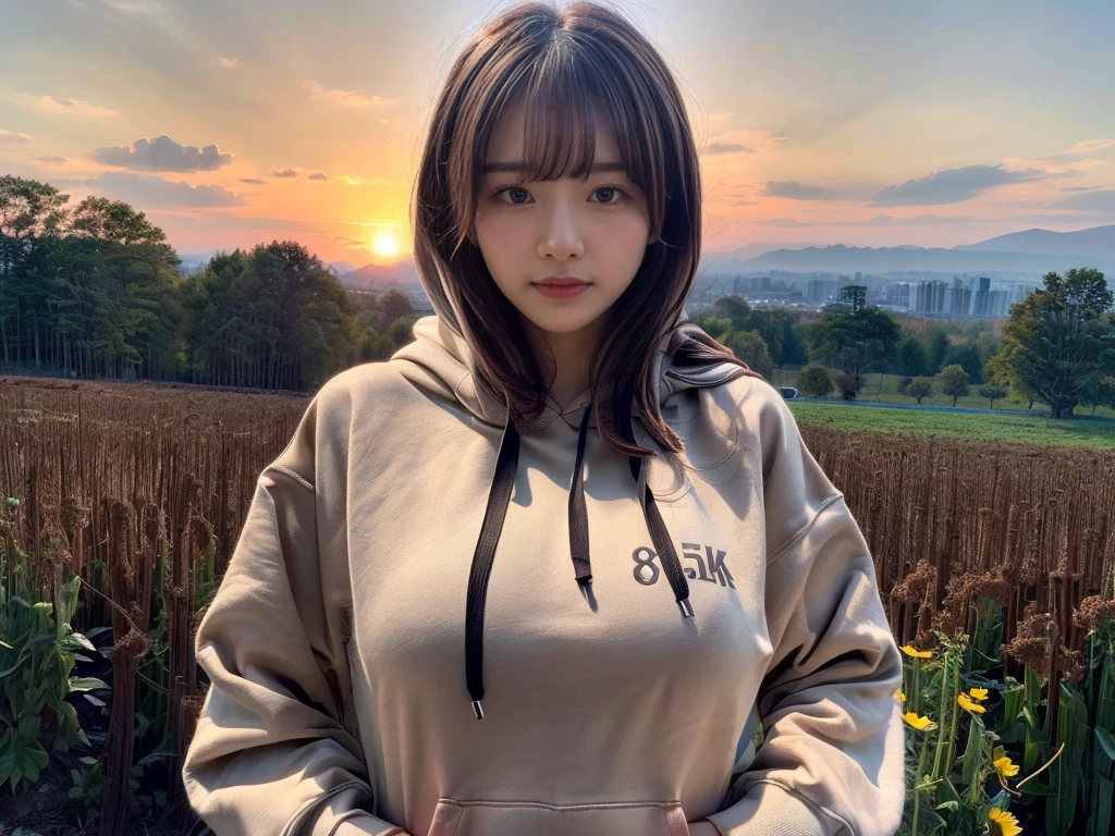 ((top-quality、8K、masterpiece:1.3))、1girl in、Beautiful woman standing on snowy mountain:1.3、(brown long-haired、Colossal tits:1.4)、(Big Silhouette M51 Field Hoodie:1.5)、Super delicate face、Delicat eyes、double eyelid、Close-up of upper body from below、Sunset、(2girls)