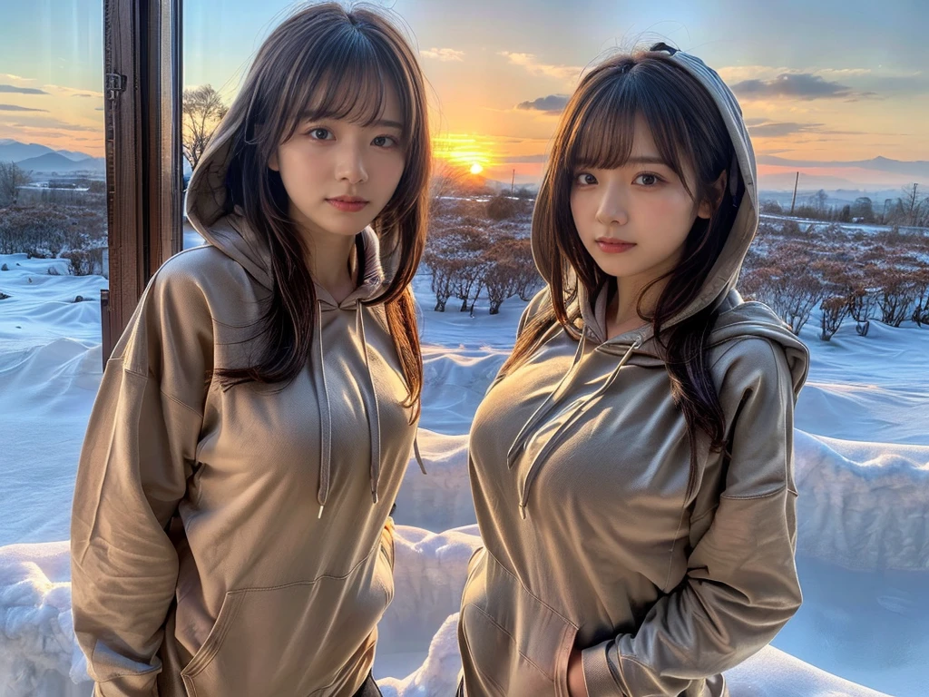 ((top-quality、8K、​masterpiece:1.3))、1girl in、Beautiful woman standing on snowy mountain:1.3、(brown long-haired、Colossal tits:1.4)、(Big Silhouette M51 Field Hoodie:1.5)、Super delicate face、Delicat eyes、double eyelid、Close-up of upper body from below、Sunset、(2girls)