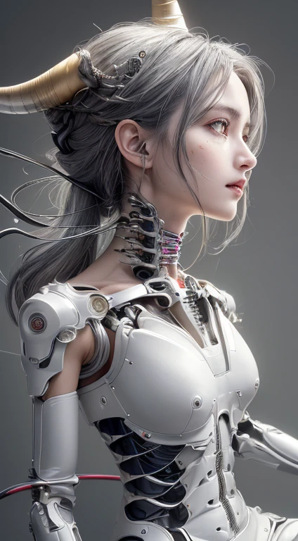 (((masterpiece))), (((highest quality))), ((Super detailed)), (Highly detailed CG illustrations), ((Very delicate and beautiful)),(From the side),Cinematic Light,((1. Machine Girl)),solo,Full Body,(Machine made hinges:1.2),((Mechanical Vascularization of the Limbs, Connected to a tubular mechanical vertebra, Attach to the back),((Cervical vertebrae mechanically attached to the neck)),(Sitting),Expressionless,(Wire and Cable, Neck fastening:1.2),(Overhead wires and cables:1.2)(Featured Characters),SF,Very detailed,colorful,Extreme Detail, (Gray Hair:1.2), (White bright eyes:1.3), (Detailed face and eyes:1.4), ((horn))