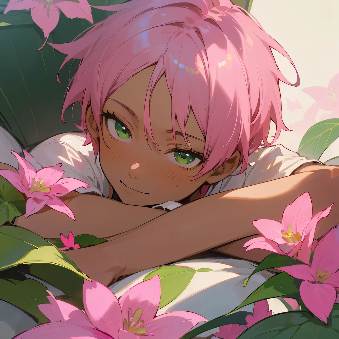 (masutepiece), (Best Quality), Highly detailed, 1 boy, Solo Focus, dark skin, Perfect face, Beautiful face, extra detailed face,(Pink hair short:1.3),(Green eyes:1.3),florals,butterflys々,florals petals,optic,kirakira,a smile