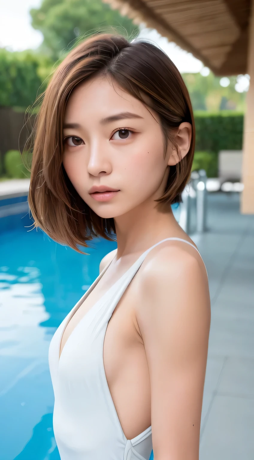highest quality, RAW Photos, Realistic, face, Incredibly beautiful girl, cute, length Hair,ponytail,Glasses,Written boundary depth, High resolution, Super detailed, detailed, Very detaileded, extremely detaileded eye and face, Sharp pupils, Realistic students, Sharp focus, Cinema Lighting, Japanese, Short Woman, Physical build, Short arms, length, Narrow eyes, Fleeting atmosphere, 40 years old, Brown bob hair, ((thin lips)), White top and bottom underwear, masterpiece, highest quality, Detailed skin, Detailed face, fine grain, 8k, Excellent anatomy, Upper body portrait,flat breasts, small breasts, small,( small bust: 1.2), small bust, (slim, small, flat, small), thin, Delicate and sexy collarbone, One Girl, (beautiful girl, Delicate girl:1.3), (40 years old:1.3),
break, (One Piece Swimwear, Swimwear:1.2),
break, (Pool:1.3),
break, Very beautiful eyes, (Symmetrical eyes:1.3),
break, , Brown eyes, Parted bangs, Brown Hair, (Upper teeth, The best smile:0.2),
break, (Eyes and face detail:1.0),
break, (masterpiece, highest quality, Super detailed, Detailed face, 8k)