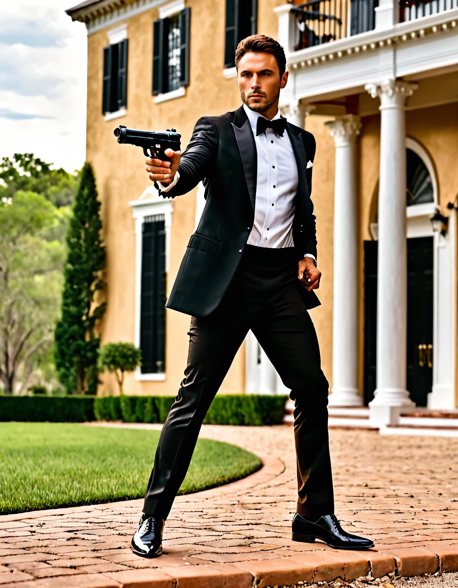 masterpiece, best quality, 1man, male focus, solo, solo focus, hispanic, perfect hands, (holding pistol with one hand, beretta 92fs), hand in pocket, brown hair, hazel eyes, tuxedo, black tuxedo, danger atmosphere, mansion backdrop, combed back hair, white shirt, black pants, dress shoes, matching shoes. outdoors, looking away.