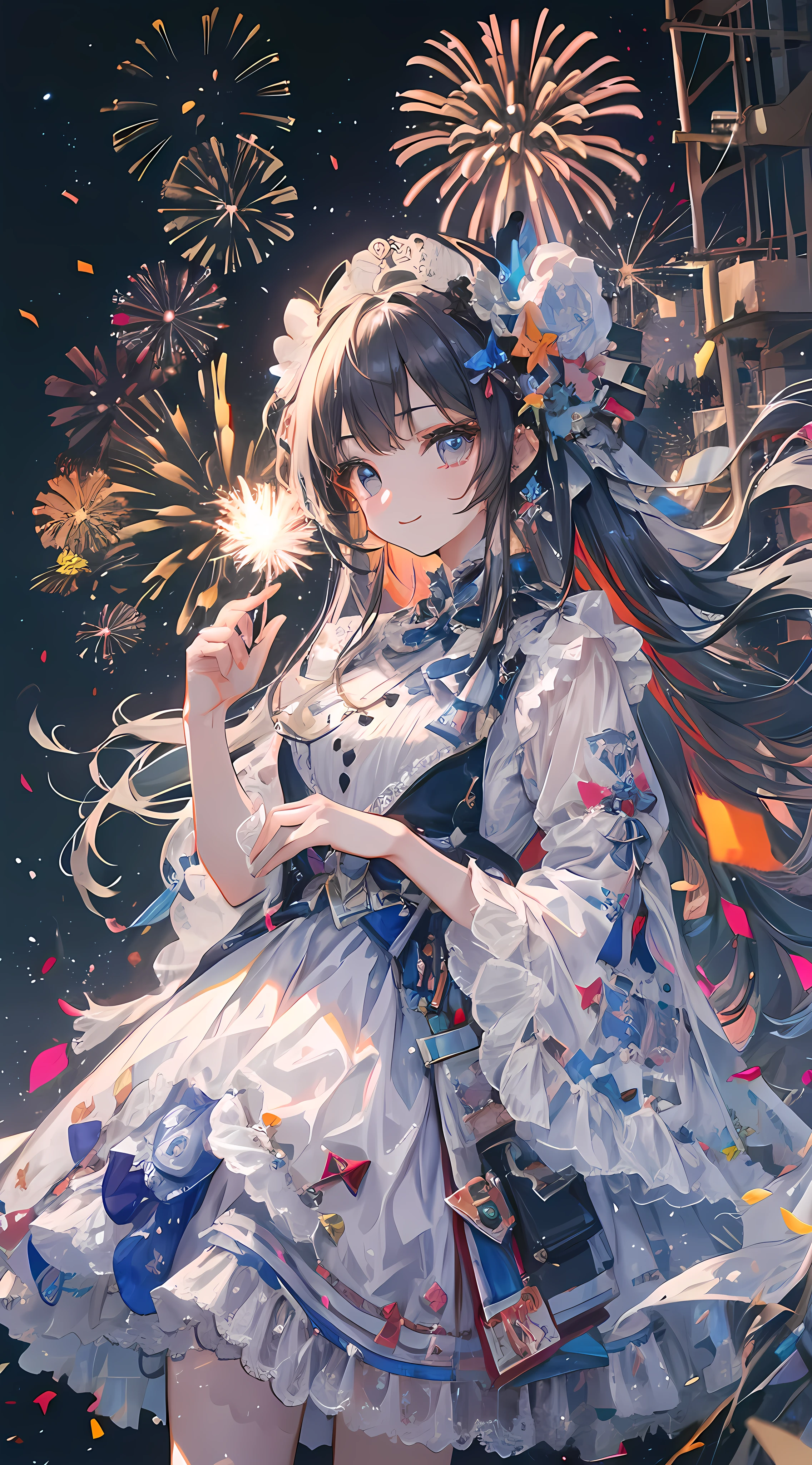 ((Fireworks Master)),Fireworks are the main composition，Fireworks display beyond imagination，innocent smiles、eye glass、Never seen、Seven colors,(1girl in, Solo:1.6),(Cute smile),(Clothes are simple), (Best Impact:1.5), (maximalism:1.7), Vivid contrast, (Realistic), hyperrealistic illustrations, hight resolution, ultra-detailliert, absurderes,(Fractal Art:1.3)、Random hairstyle、Random hair color colorful、FULL BODYSHOT、Retro、Precise focus、randome pose、cinema4d、Drama