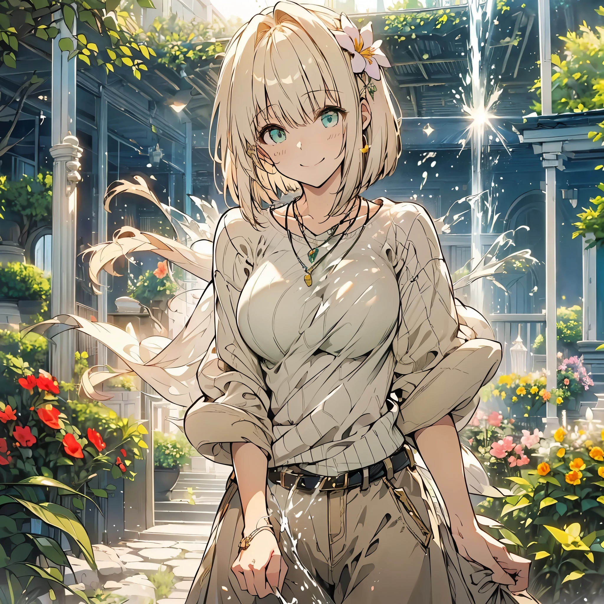 ((Fantasy　Beige Hair　Short Bob　White knit　Green Necklace　Large Breasts))　((Flower Garden　Bathed in light　Splash　sun　Peaceful scenery))　(smile　Flowing hair　Open your eyes a little)　Denim pants　Small Bag　Stylish　Beauty　Shining Edge　Shining Background