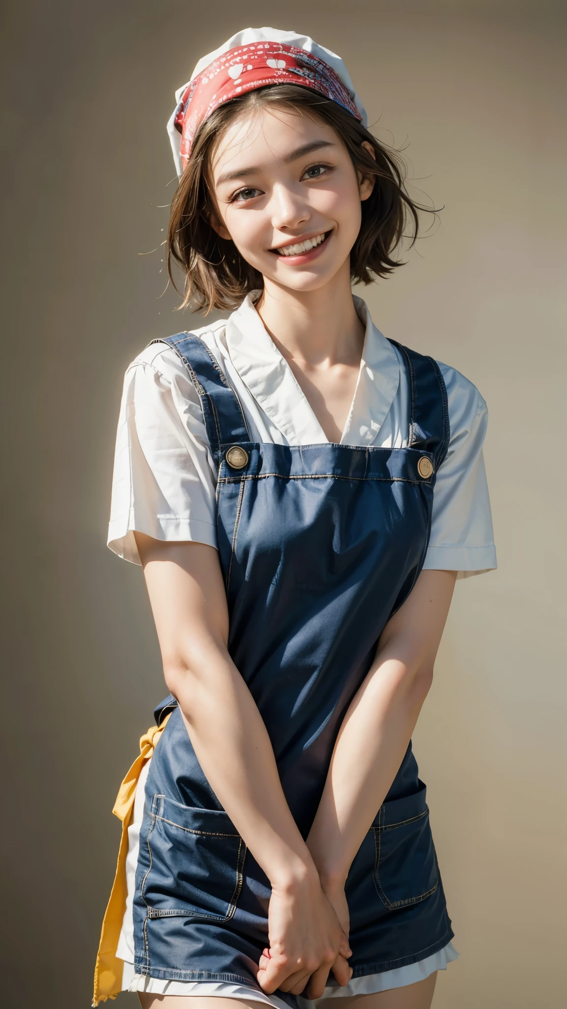 highest quality, masterpiece, Ultra-high resolution,8k, (Realistic:1.6), (Facing portraits) RAW Photos, 1 girl,(Full of smiles, Showing teeth)), 22 years old,((Apron uniform)),((short hair)),((Bandana on head)),((Looking up at the audience)),Face Focus:1.4,((Simple solid color background)), Image Media Chest)),((Smiling with teeth showing)),