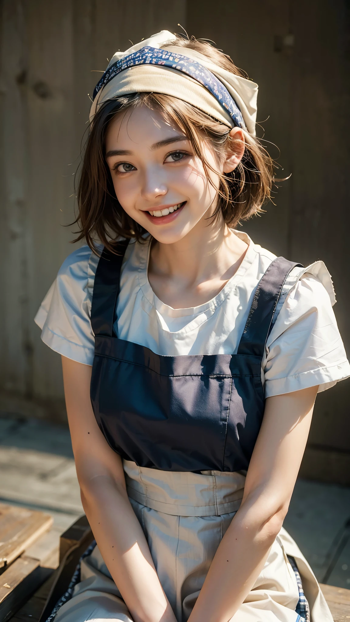 highest quality, masterpiece, Ultra-high resolution,8k, (Realistic:1.6), (Facing portraits) RAW Photos, 1 girl,(Full of smiles, Showing teeth)), 22 years old,((Apron uniform)),((short hair)),((Bandana on head)),((Looking up at the audience)),Face Focus:1.4,((Simple solid color background)), Image Media Chest)),((Smiling with teeth showing)),