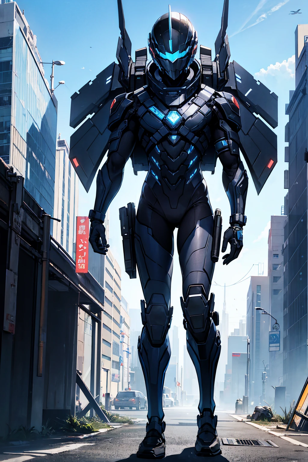 A boy wearing blue black High-Tech suit tactical black jacket High-tech tactical helmet sci-fi city full-body shot Hero character design