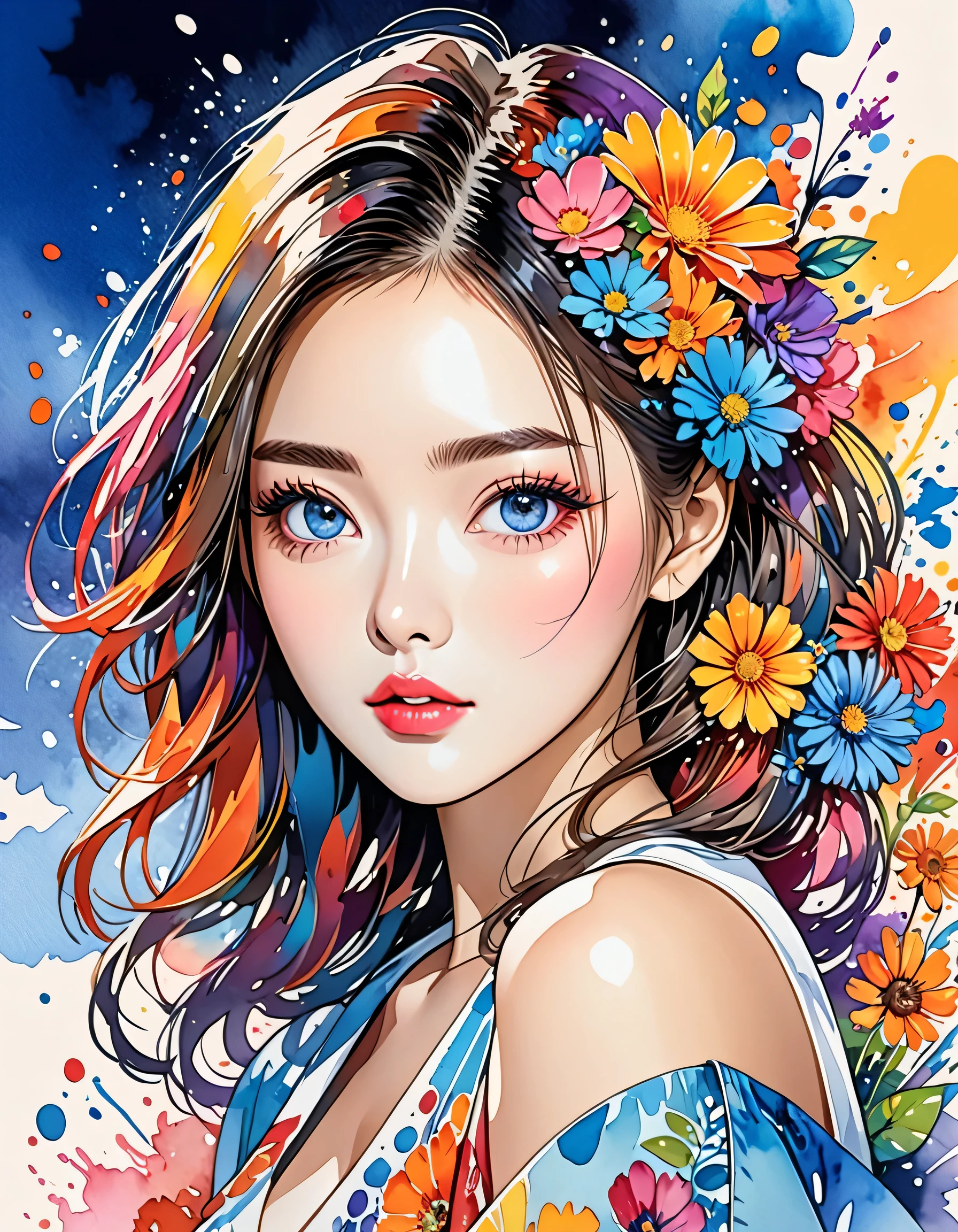 Mai Yoneyama Style、(((stylish fashion))), 8K Quality、Intense watercolor, Detailed watercolor art, Watercolor splash, Surreal, avant-garde pop art, Beautiful and expressive paintings, Beautiful artwork illustration, Very colorful tones, wonderful, Cool beauty, highest quality、Official Art, Vector art, Stylish design, (((The most beautiful girl))), (((highest quality))), HDR, ((detailed)), (((Doodle Art)), ((masterpiece)), ((Super detailed)), (((Colorful flowers))),(((Stylish)))