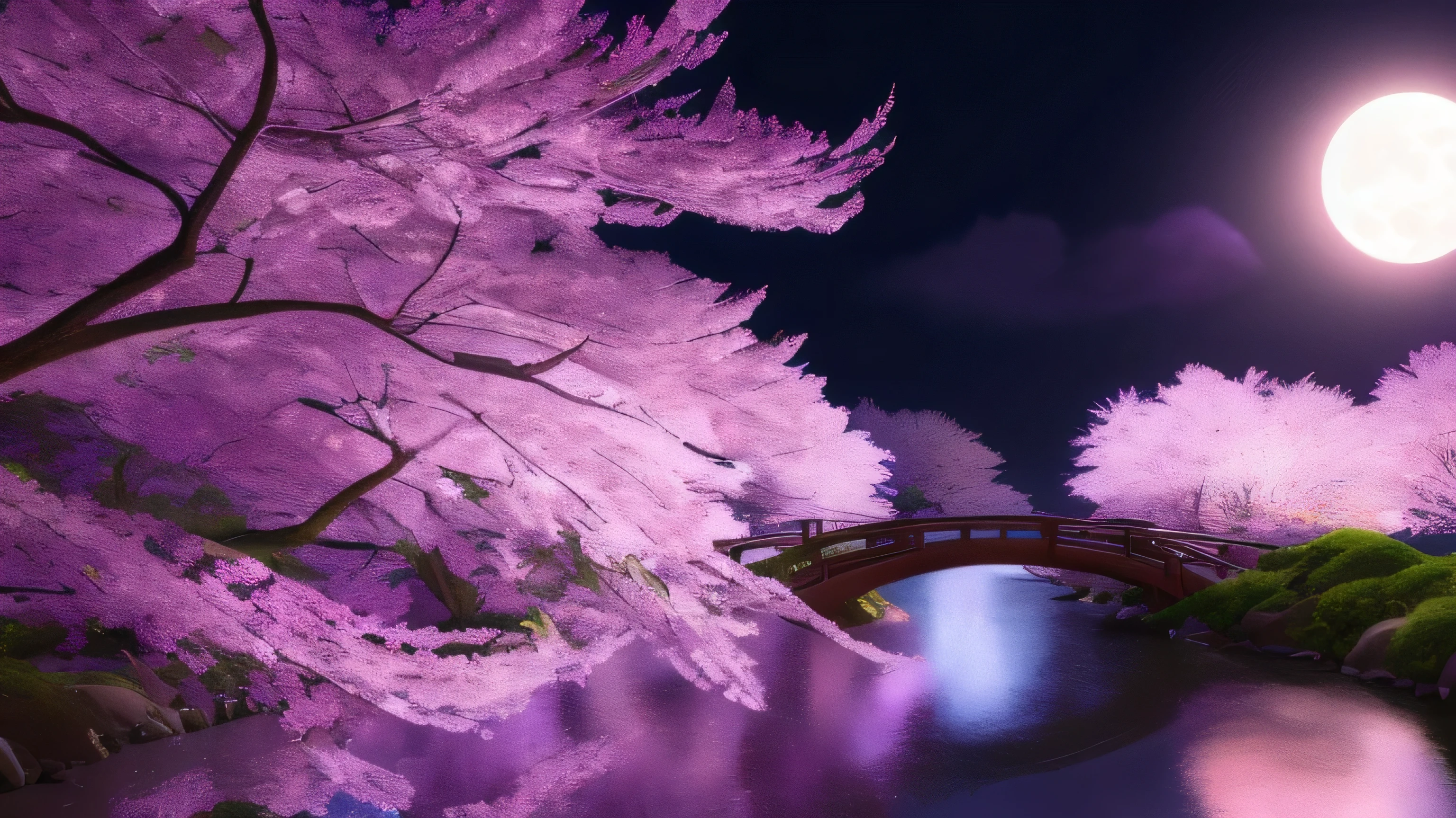 masterpiece, Very detailed, Perfect quality, Most detailed, Ray Tracing, 8k, Purple cherry blossom, Japanese garden, peaceful, night, full moon, performer, 1 frame, Purple Theme