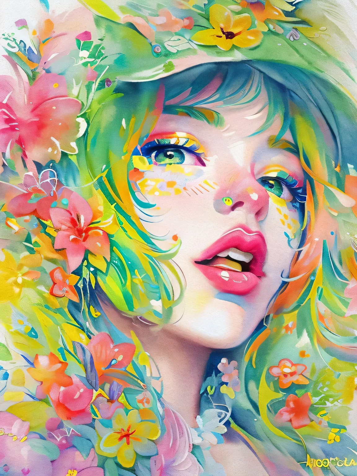 Mai Yoneyama style、(((stylish fashion))), 8K Quality、Intense watercolor, Detailed watercolor art, Watercolor splash, Surreal, avant-garde pop art, Beautiful and expressive paintings, Beautiful artwork illustration, Very colorful tones, wonderful, Cool beauty, highest quality、Official Art, Vector art, Stylish design, (((The most beautiful girl))), (((highest quality))), HDR, ((detailed)), (((Doodle Art)), ((masterpiece)), ((Super detailed)), (((Colorful flowers))),(((Stylish))), Lips in Love