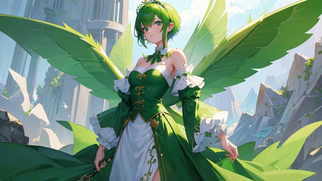 girl with green short hair, green and white royal clothes, green fairy wings, cute girl, leave, royal forest, 8k resolution