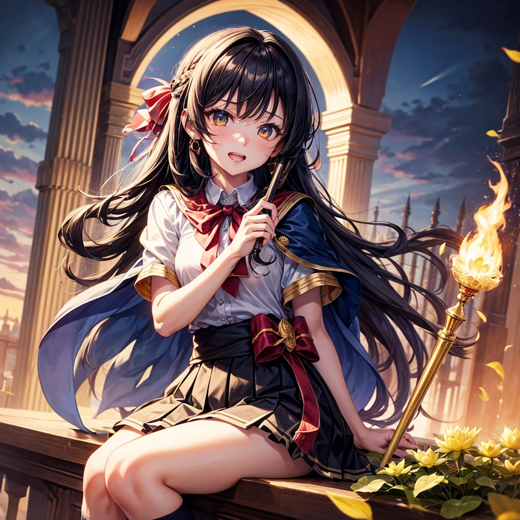 Dark Blue Hair、Golden Eyes、Braid、One good looking girl、solo、anime、Checkered mini skirt、Ruffles on the skirt、Red T-shirt、Cape、Gothic、Black knee-high socks、bandana、Wearing a ribbon、Ribbon on waist、Tilting face、Teeth are visible、Sunset sky、Piercing the clouds、Contrail、tree、Touching your face、lotus leaves、Cumulonimbus、Pillar of Light、Magic wand、Sitting on a golden treasure chest、I'm pounding、Crystal Fire