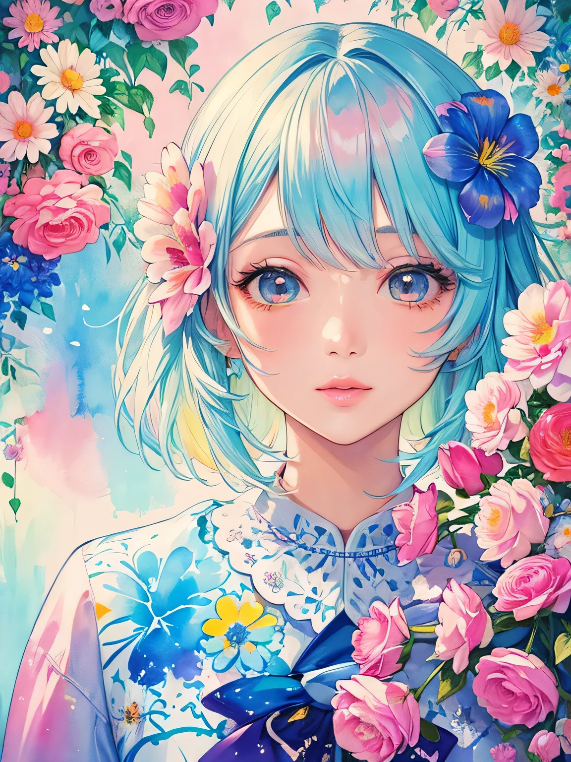 Momoko Sakura style、(((stylish fashion))), 8K Quality、Intense watercolor, Detailed watercolor art, Watercolor splash, Surreal, avant-garde pop art, Beautiful and expressive paintings, Beautiful artwork illustration, Very colorful tones, wonderful, Cool beauty, highest quality、Official Art, Vector art, Stylish design, (((The most beautiful girl))), (((highest quality))), HDR, ((detailed)), (((Doodle Art)), ((masterpiece)), ((Super detailed)), (((Colorful flowers))),(((Stylish))), Lips in Love