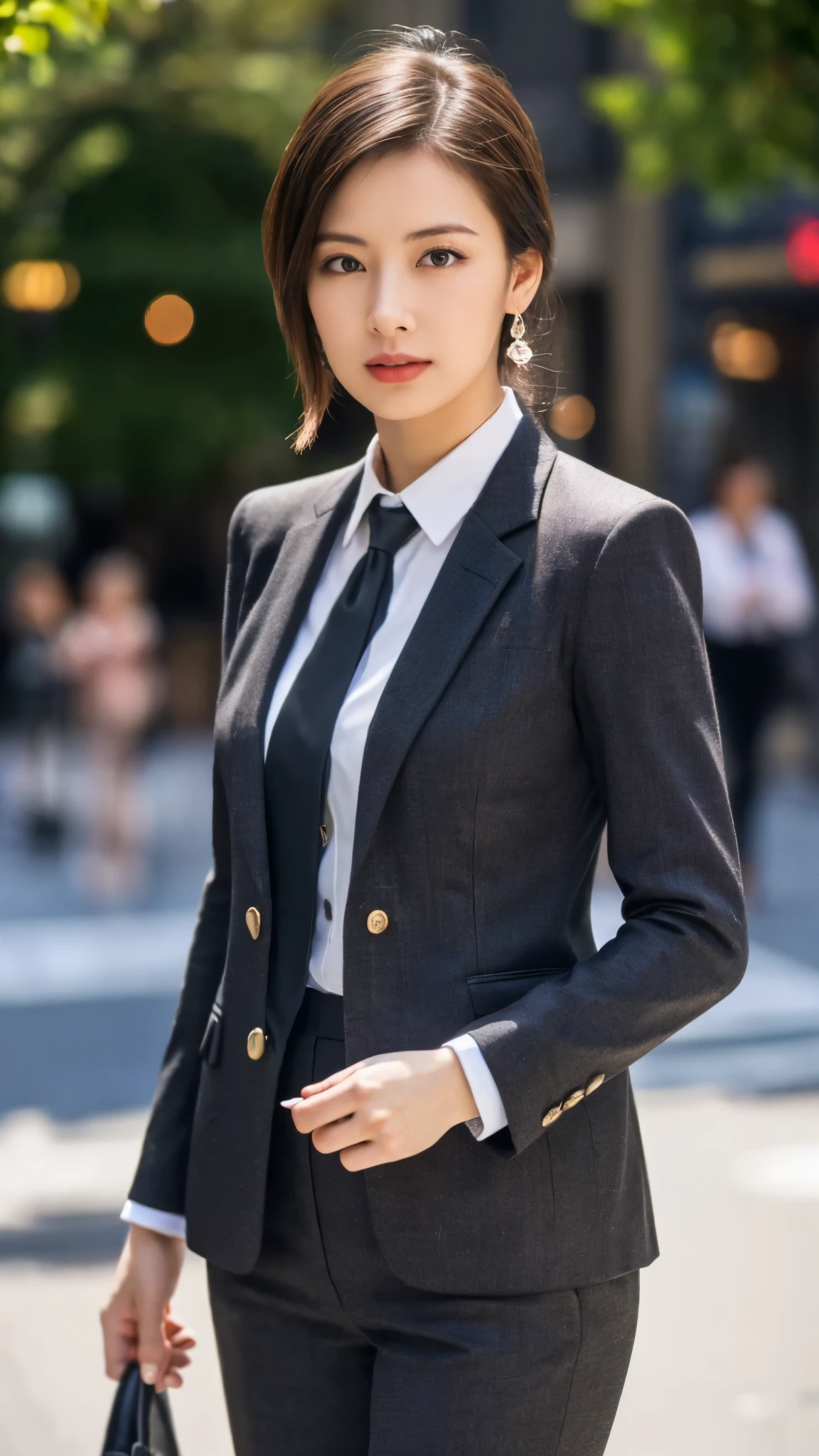 (8k, RAW Photos, highest quality, masterpiece: 1.2), (Realistic, photoRealistic: 1.37), 1 Woman in a suit standing on the sidewalk, Cityscape, Day, Sunny Morning, Professional Lighting, Photon Mapping, Radio City, Brazilian Women, Torn, shirt, Woman in a suit, Silk Suit