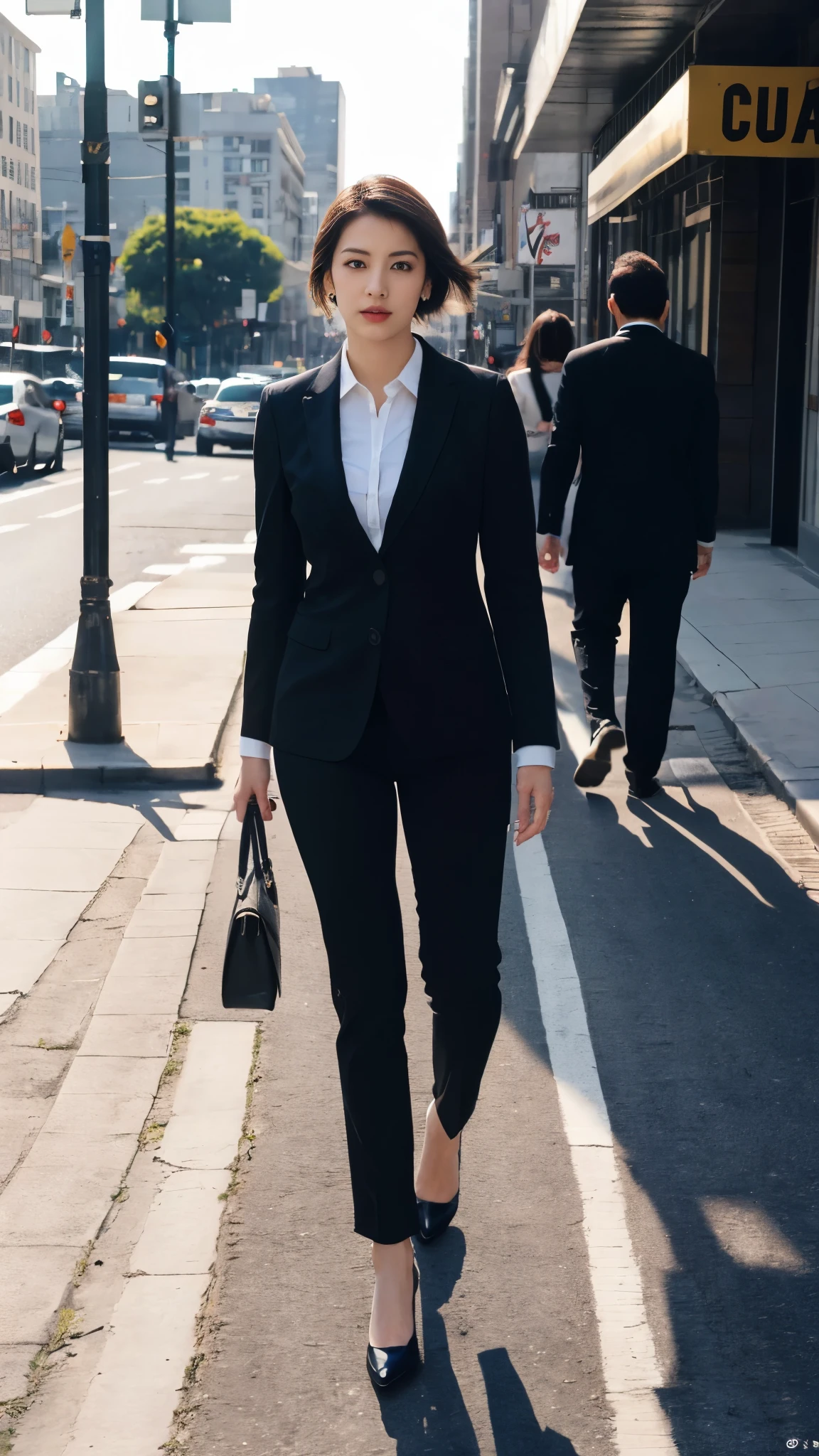 (8k, RAW Photos, highest quality, masterpiece: 1.2), (Realistic, photoRealistic: 1.37), 1 Woman in a suit standing on the sidewalk, Cityscape, Day, Sunny Morning, Professional Lighting, Photon Mapping, Radio City, Brazilian Women, Torn, shirt, Woman in a suit, Silk Suit