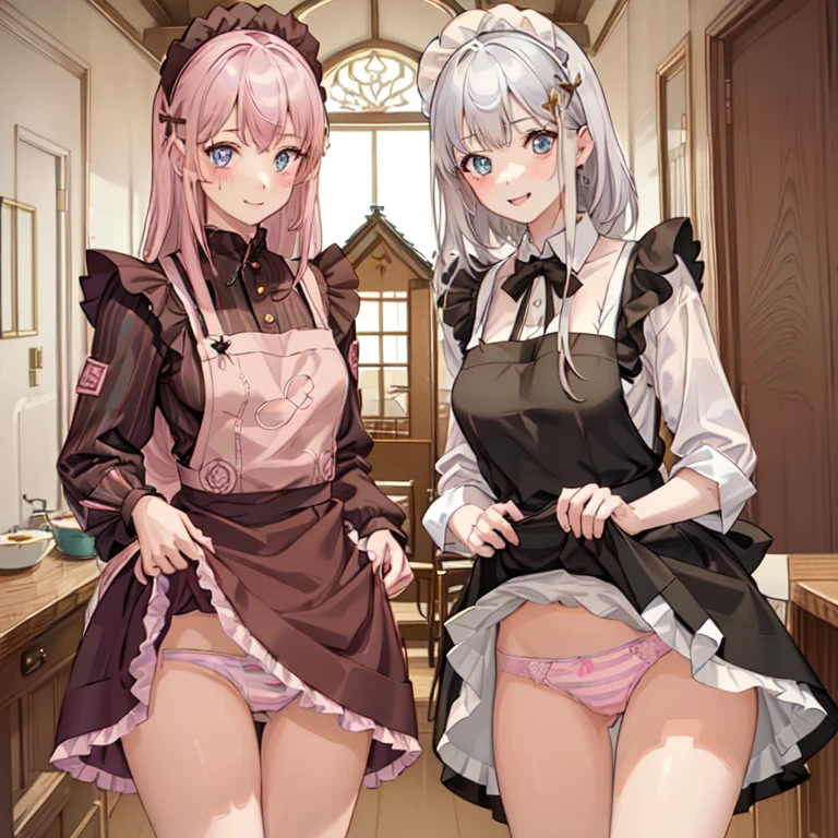highest quality、masterpiece、((2 girls:1.5))、((smile:1.3))、(blush:1.3)、Black Shirt、blouse、((fun!!))、(Small breasts)、()、Blonde、(Long sleeve)、((White apron:1.5))、((Maid))、((hair ornaments)),、Kamimei、look at me、 ((in house:1.5))、 Taking a break from watching the audience、Cowboy Shot、(Skirt lift:1.3),(Highly detailed pink striped panties:1.3)、(Highly detailed panties:1.3)、、(スカート that rolls up:1.3)、(Panties fully exposed:1.5)、Light blue eyes、long hair、Glowing Eyes
