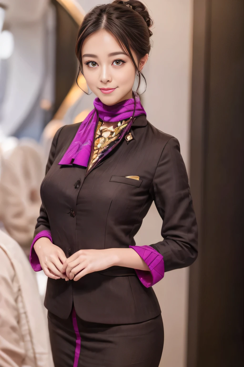 (masterpiece:1.2、highest quality:1.2)、32K HDR、High resolution、(alone、1 girl、Slim figure)、(A realistic reproduction of the ETIHAD Airways Cabincrew Uniform)、 (On board, Professional Lighting)、Background on board、A proper woman, Beautiful Face,、(Long sleeve ETIHAD Airways Cabincrew Uniform)、(ETIHAD Airways Cabincrew Uniform skirt with purple stripe on the front)、(scarf on chest)、Big Breasts、(Chignon、Long hair updo、Hair Bun)、Dark brown hair、Long Shot、((Great hands:2.0))、((Harmonious body proportions:1.5))、((Normal limbs:2.0))、((Normal finger:2.0))、((Delicate eyes:2.0))、((Normal eyes:2.0)))、Beautiful standing posture、smile、Place your hands around your stomach