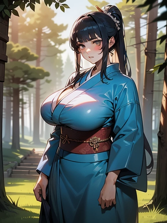 {{{masterpiece}}}, {{{best quality}}}, {{Extremely detailed}}, {movie lighting}, {illustration}, {Beautiful and delicate eyes}, {1 Girl}, Very detailed, 1 Girl, Solitary, A beautiful samurai warrior, Blue hair tied into a long ponytail, Wearing a white and black kimono, warrior, Serious, Brown eyes, Huge breasts, (((Large Breasts、Breast sagging、Low-cut,Cleavage,Wide hips,))((Hourglass figure)), For the audience, outdoor, Woodland Background, Very detailed face and clothing, Slightly narrowed eyes, Perfect face, White skin, Hair bangs, long hair, Cowboy shooting, Noble and beautiful, Japanese traditional clothing, Samurai woman