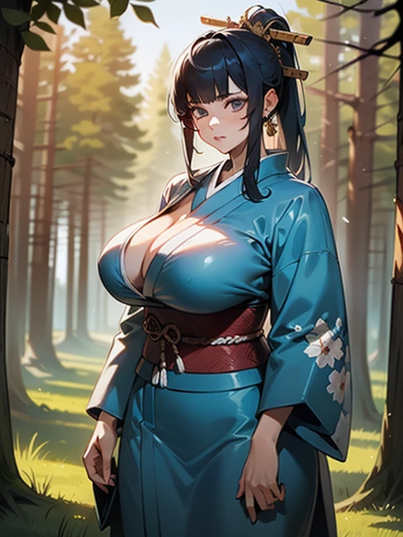 {{{masterpiece}}}, {{{best quality}}}, {{Extremely detailed}}, {movie lighting}, {illustration}, {Beautiful and delicate eyes}, {1 Girl}, Very detailed, 1 Girl, Solitary, A beautiful samurai warrior, Blue hair tied into a long ponytail, Wearing a white and black kimono, warrior, Serious, Brown eyes, Huge breasts, (((Large Breasts、Breast sagging、Low-cut,Cleavage,Wide hips,))((Hourglass figure)), For the audience, outdoor, Woodland Background, Very detailed face and clothing, Slightly narrowed eyes, Perfect face, White skin, Hair bangs, long hair, Cowboy shooting, Noble and beautiful, Japanese traditional clothing, Samurai woman
