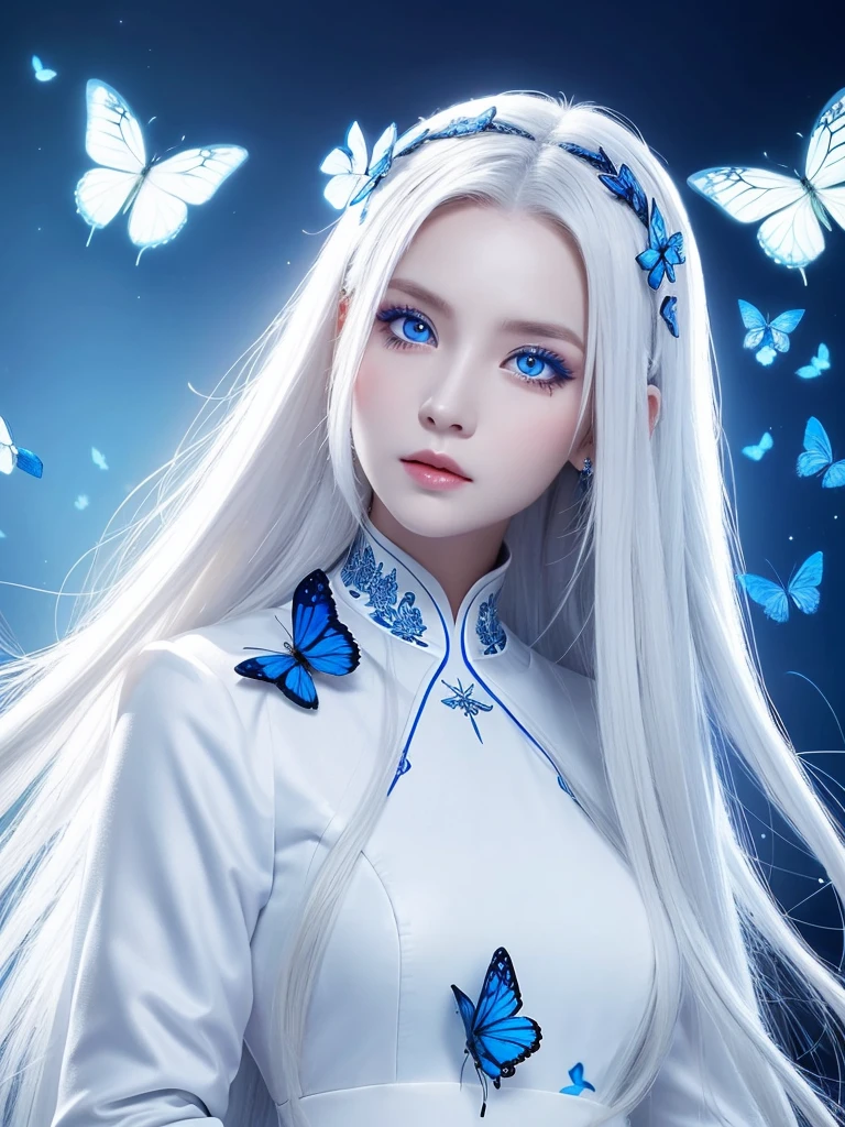 She has medium-long white hair and wears a white and blue ao dai.、Beautiful androgynous woman with royal blue eyes and blue butterflies on the background