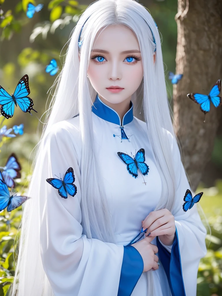 She has medium-long white hair and wears a white and blue ao dai.、Beautiful androgynous woman with royal blue eyes and blue butterflies on the background