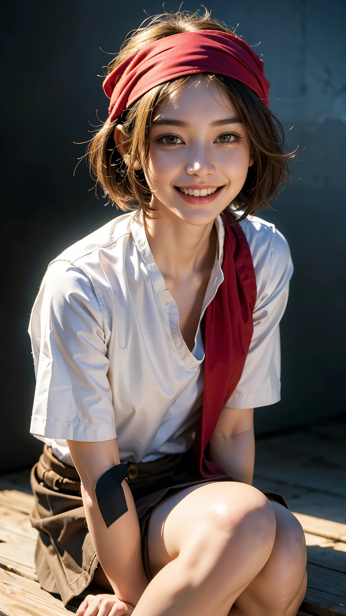 highest quality, masterpiece, Ultra-high resolution,8k, (Realistic:1.6), (Facing portraits) RAW Photos, 1 girl,(Full of smiles, Showing teeth)), 22 years old,((Miniskirt Uniform)),((short hair)),((Wear a bandana on your head)),((Looking up at the audience)),Face Focus:1.4,((Simple solid color background)), Image Media Chest)),((Smiling with teeth showing)),