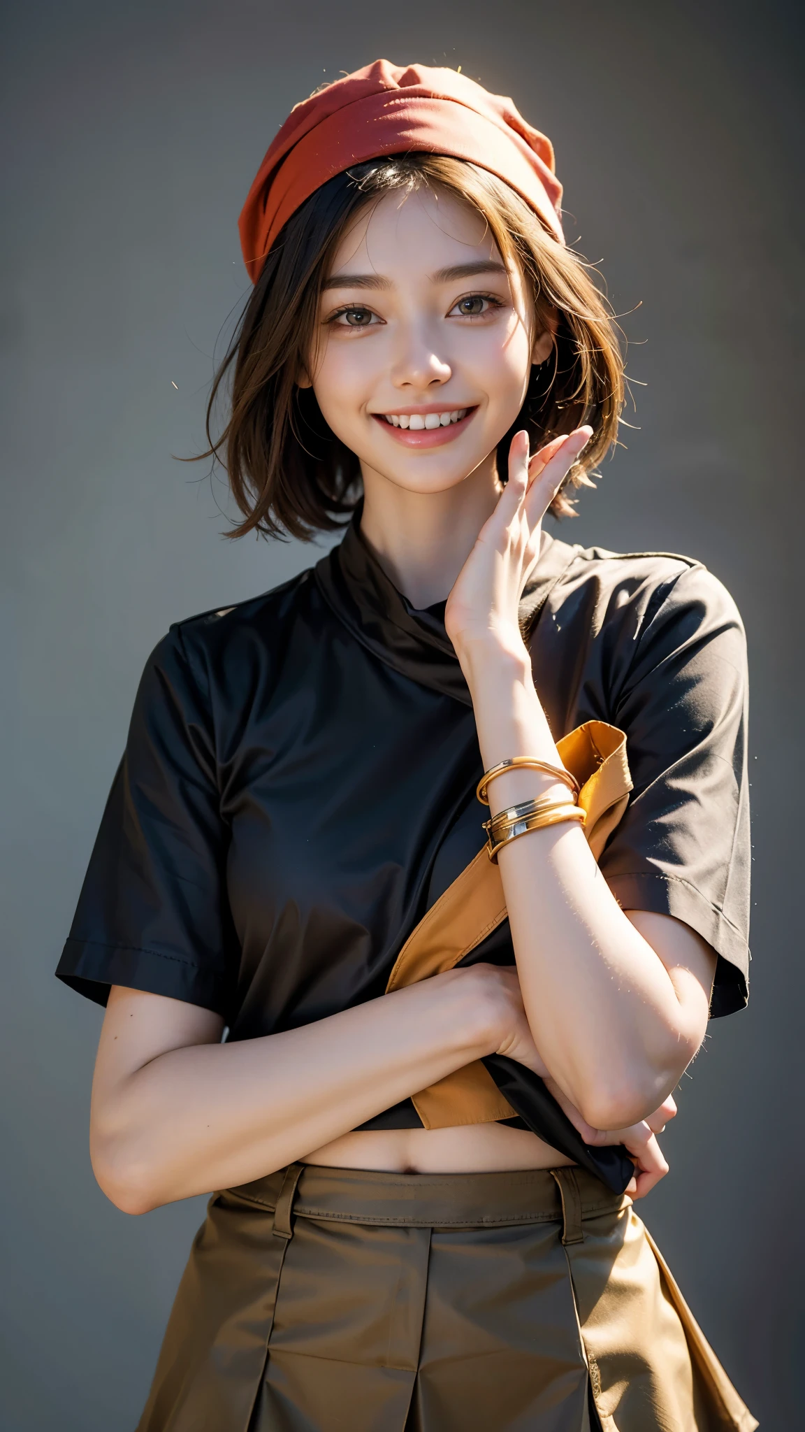 highest quality, masterpiece, Ultra-high resolution,8k, (Realistic:1.6), (Facing portraits) RAW Photos, 1 girl,(Full of smiles, Showing teeth)), 22 years old,((Miniskirt Uniform)),((short hair)),((Wear a bandana on your head)),((Looking up at the audience)),Face Focus:1.4,((Simple solid color background)), Image Media Chest)),((Smiling with teeth showing)),