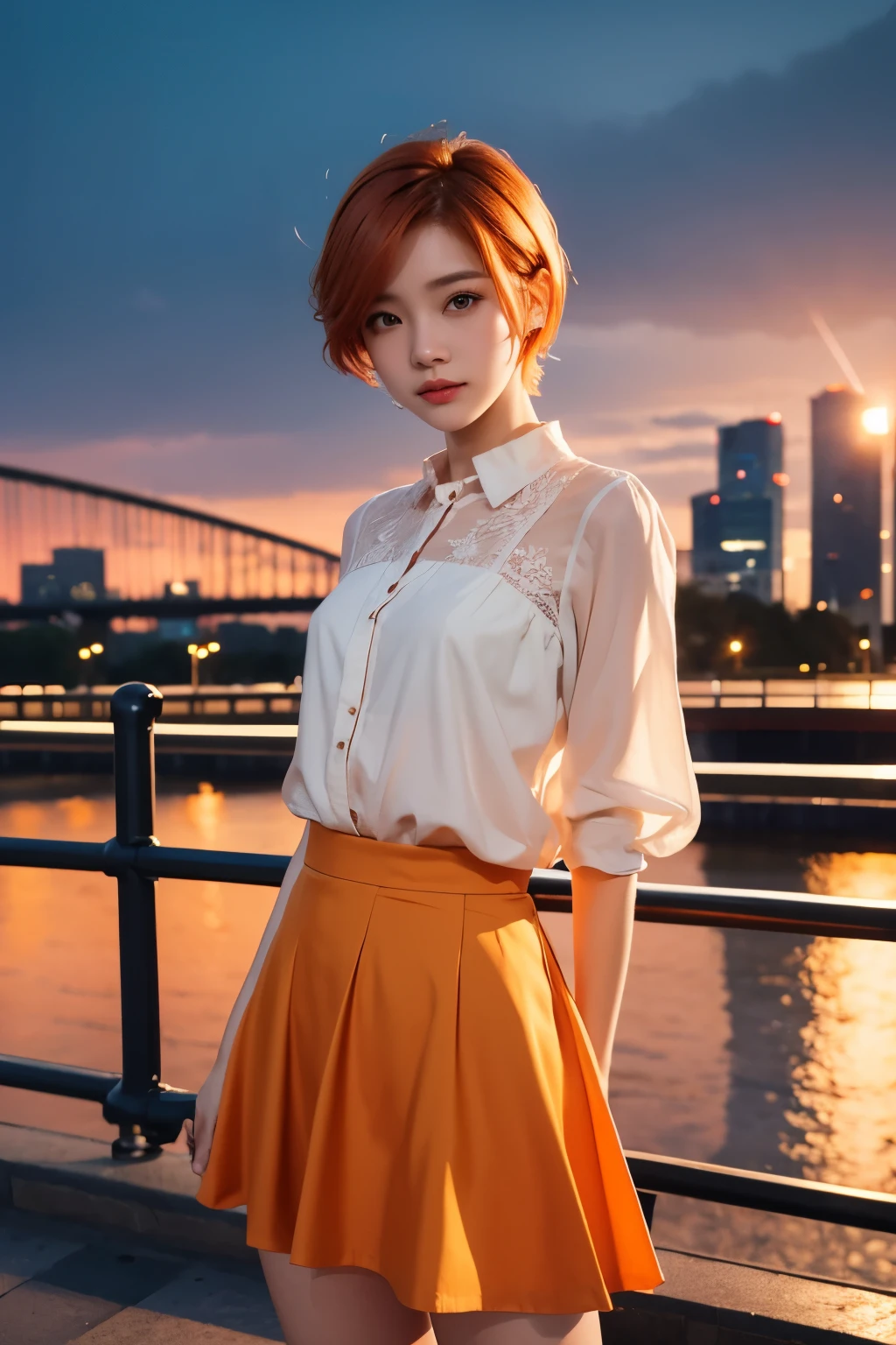 whole body、Friendly faces、1 pretty girl、blouse、skirt、pedestrian bridge、skyscraper、sunset、complex background、detailed hair、light orange hair、dim lighting、short hair length、There is movement