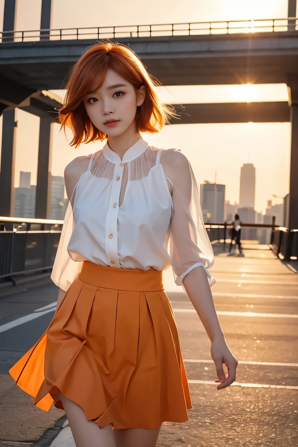 whole body、Friendly faces、1 pretty girl、blouse、skirt、pedestrian bridge、skyscraper、sunset、complex background、detailed hair、light orange hair、dim lighting、short hair length、There is movement