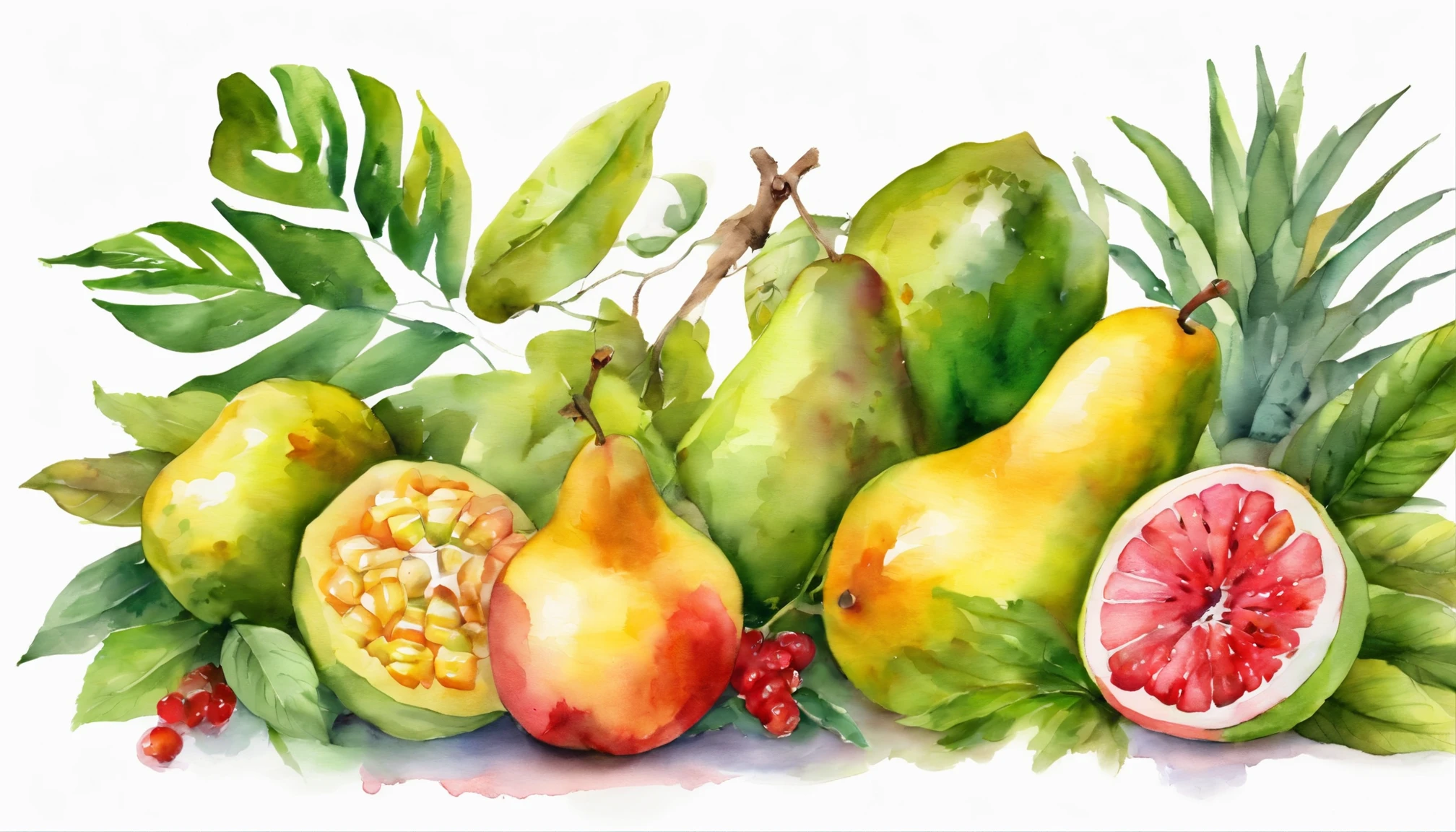 White background、Floral scent、Green Leaf、Those fruits、tropical fruit、still life photography