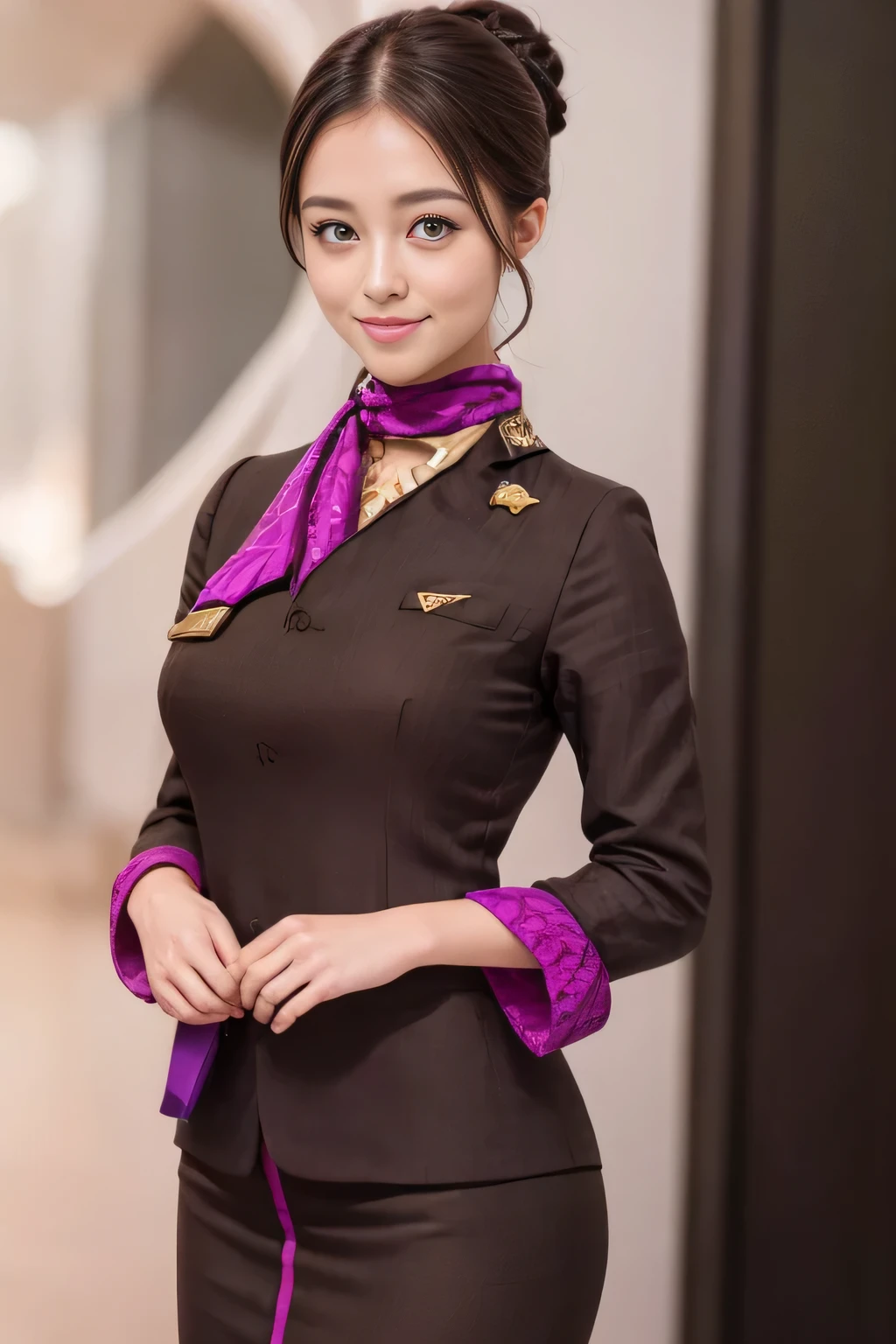 (masterpiece:1.2、highest quality:1.2)、32K HDR、High resolution、(alone、1 girl、Slim figure)、(A realistic reproduction of the ETIHAD Airways Cabincrew Uniform)、 (On board, Professional Lighting)、Background on board、A proper woman, Beautiful Face,、(Long sleeve ETIHAD Airways Cabincrew Uniform)、(ETIHAD Airways Cabincrew Uniform skirt with purple stripe on the front)、(scarf on chest)、Big Breasts、(Chignon、Long hair updo、Hair Bun)、Dark brown hair、Long Shot、((Great hands:2.0))、((Harmonious body proportions:1.5))、((Normal limbs:2.0))、((Normal finger:2.0))、((Delicate eyes:2.0))、((Normal eyes:2.0)))、Beautiful standing posture、smile、Place your hands around your stomach