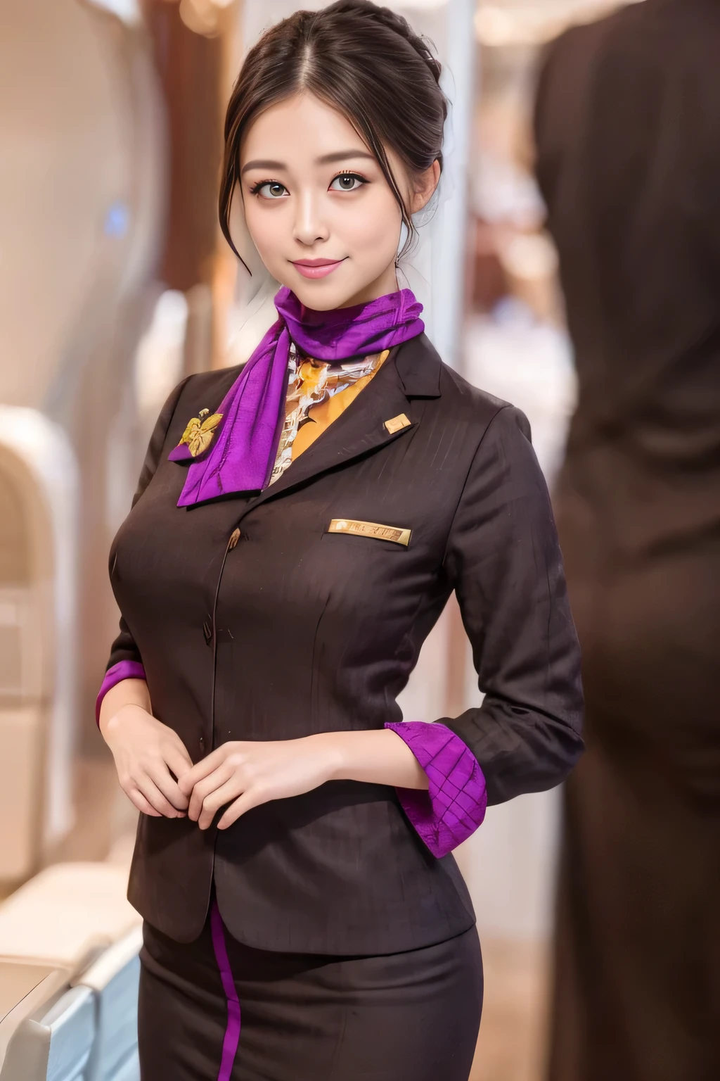 (masterpiece:1.2、highest quality:1.2)、32K HDR、High resolution、(alone、1 girl、Slim figure)、(A realistic reproduction of the ETIHAD Airways Cabincrew Uniform)、 (On board, Professional Lighting)、Background on board、A proper woman, Beautiful Face,、(Long sleeve ETIHAD Airways Cabincrew Uniform)、(ETIHAD Airways Cabincrew Uniform skirt with purple stripe on the front)、(scarf on chest)、Big Breasts、(Chignon、Long hair updo、Hair Bun)、Dark brown hair、Long Shot、((Great hands:2.0))、((Harmonious body proportions:1.5))、((Normal limbs:2.0))、((Normal finger:2.0))、((Delicate eyes:2.0))、((Normal eyes:2.0)))、Beautiful standing posture、smile、Place your hands around your stomach