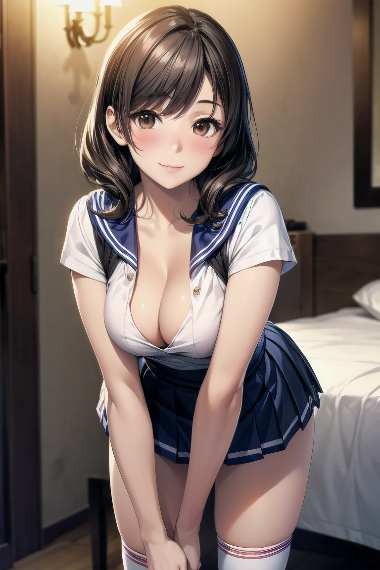 1 girl, single, alone, Beautiful woman、I could see the whole body, ((Brown eyes, Beautiful eyelashes, Realistic eyes)), ((Detailed face, blush:1.2)), ((Smooth texture:0.75, Realistic texture:0.65, Realistic:1.1, Anime CG Style)),,Dynamic Angle, Perfect body,Leaning forward significantly、A dimly lit love hotel、Sailor suit、mini skirt、White high knee socks、smile、Cleavage