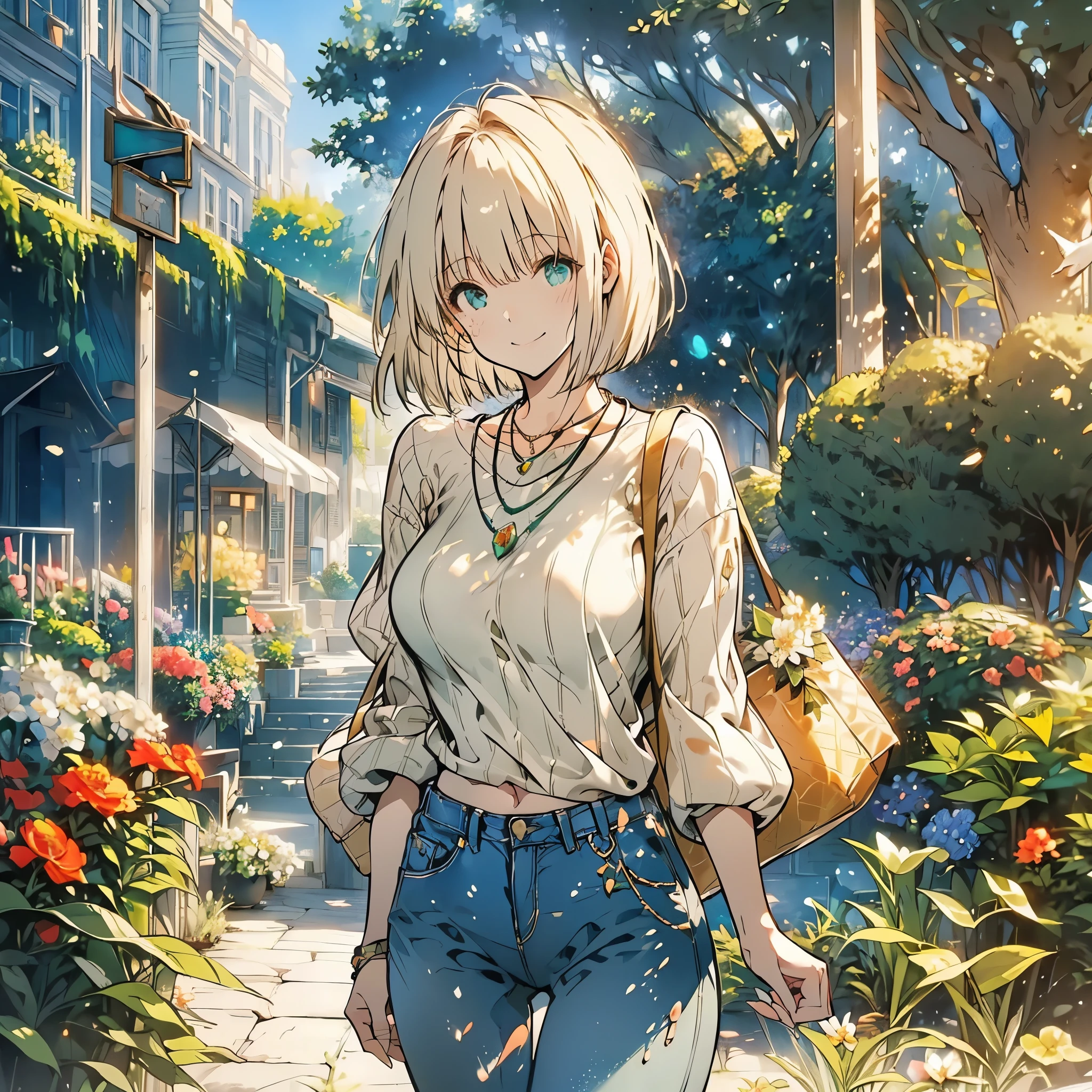 ((Fantasy　Beige Hair　Short Bob　White knit　Green Necklace　Large Breasts))　((Flower Garden　Bathed in light　Splash　sun　Peaceful scenery))　(smile　Flowing hair　Open your eyes a little)　Denim pants　Small Bag　Stylish　Beauty　Shining Edge　Shining Background