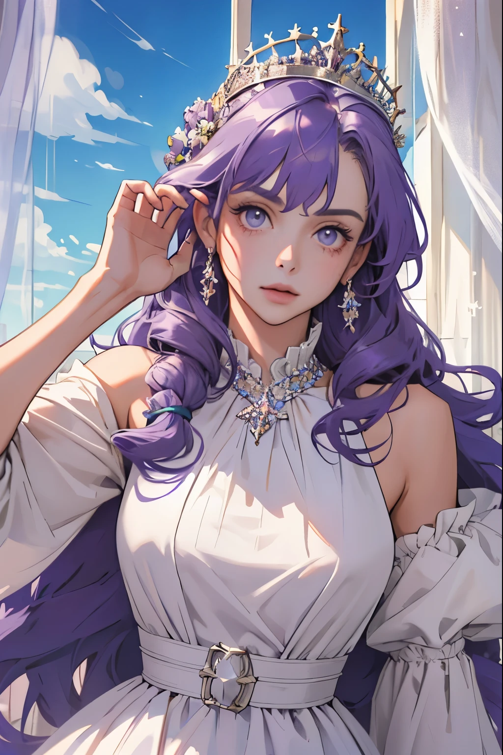 (masterpiece, highest quality), 1 Girl, alone, (Queen:1.15), Purple Hair, Long Hair, curtain, White Dress, Queen's Dress, Aurora, (sunlight, null, river, forest), Expressionless, Red eyes, (Art Nouveau:1.2), Alphonse Mucha, tiara, (Face focus, Upper Body), (Red Throne:1.12), Very intricate details, Realistic Light, smile