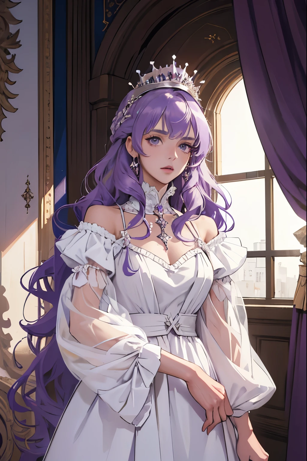 (masterpiece, highest quality), 1 Girl, alone, (Queen:1.15), Purple Hair, Long Hair, curtain, White Dress, Queen&#39;s Dress, Aurora, (sunlight, null, river, forest), Expressionless, Red eyes, (Art Nouveau:1.2), Alphonse Mucha, tiara, (Face focus, Upper Body), (Red Throne:1.12), Very intricate details, Realistic Light, smile