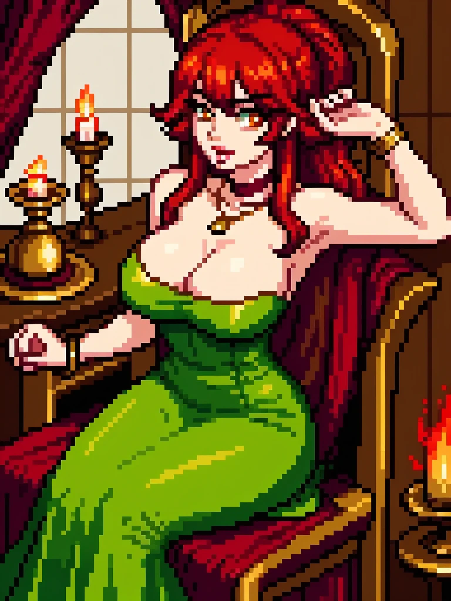 {
"character_description": {
"hair_color": "long_auburn_hair_flowing_like_a_flame",
"skin_color": "ivory_with_a_rosy_cheek",
"outfit_description": "medieval_inspired_gown_with_a_low_cut_neckline_and_emerald_green_silk",
"lip_expression": "bold_ruby_red_lips_with_a_seductive_pout",
"body_lines": "voluptuous_with_a_regal_posture",
"accessories": "gold_choker_necklace_with_a_dragon_pendant_and_matching_bracelets",
"eye_color": "emerald_green_with_a__intensity",
"breast: "D_cup",
"butt_size": l_and_curved"
},
"background_setting": "ancient_castle_hall_inspired_by_Game_of_Thrones_with_tapestries_and_iron_chandeliers",
"overall_vibe": "regal_and_alluring",
"art_style": "pixel_art_detailed",
"detail_level": "ultra_detailed",
"creative_freedom": "no_crfreedom",
"lighting_s": "warm_candlelight_casting_flickering_shadows",
"additional_props": "a_goblet_of_wine_in_one_hand_and_a_silk_fan_in_the_other",
"art_style_modifier": "detailed_textures_with_a_touch_of_fantasy_mystique",
"camera_angle": "from_a_slightly_lowered_angle_to_capture_the_character's_regal_presence_and_the_grand_setting",
"pose": "sitting_on_a_throne_with_one_elbow_resting_on_the_armrest_and_a_commanding_stare",
"atmosphere": "majestic_and_mysterious",
"artist_style": "AziibPixelMix"
}