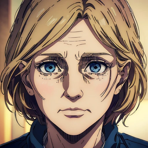 (best quality, highres, masterpiece:1.2), ultra-detailed, (realistic, photorealistic, photo-realistic:1.37),female character older, in her late 50s, Mappa art style, blue eyes, blonde-red hair, she wrinkles all over her face , her eye socket is saggy , very detailed nasolabial fold, show a detailed face of old characteristics