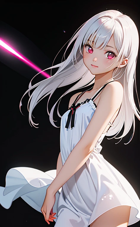 (Photorealistic:1.4)、asuna,(masterpiece、lens flare:1.5、spot light:1.2、Exquisite beautiful eyeonochrome:1.5,portlate、)、Cute Face、 3D Face、(platinum White hair:1.5、Straight Hair)、(1 Girl)、(Red eyes:1.2)、(cowboy shot)、(),(Sundress)、 (Cute face:1.2),(),(),kind face,(Small breasts),(black background:1.5)、(glowing eyes:1.3)、()、 Neat and clean、Adorable、Slim Body(Tareme:1.5),Shiny Hair、(Glowing pink Skin)、Nijisketch,Manga,zydG