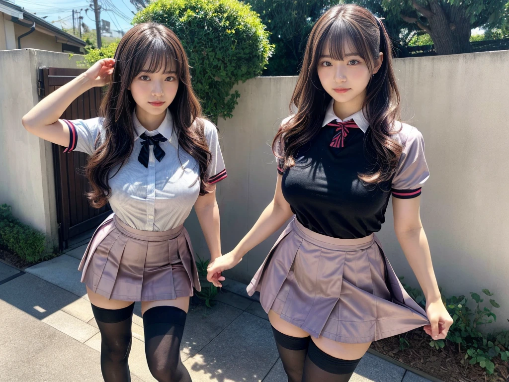 master piece, best quality, illustration, Super detailed, fine details, High resolution, 8K,wall paper, perfect dynamic composition,(Details High quality, realistic depiction of eyes:1.3), (2girls), standing, short hair, (wavy hair:1.2), (short sleeve collared dress shirt,tight skirt,thighhighs,zettai ryouiki:1.4), black hair color, Big Natural Color Lip, bold sexy pose, crying a little, Harajuku style、acrobatic pose, 20 year old girl、cute type、lolita、beautiful legs, gravure idol, Japanese idol, huge breasts