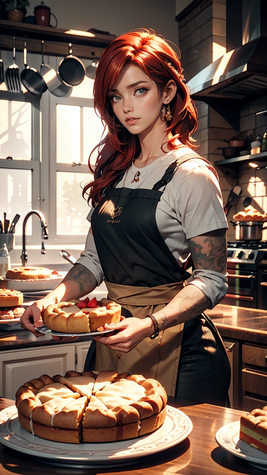 Woman with tattoos, (([red|black] hair)), long hair, wearing a black apron,  cooking, View the viewer, kitchen, Cakes and pies on the background,  indoor, (Calm tone:1.0), (High resolution:1.25), (Art Station:1.2), dramatic, (Intricate details:1.14), (Ultra-realistic 3D rendering:1.16), (Movie:0.55), (Rutkowski:1.1), (Faded:1.3)