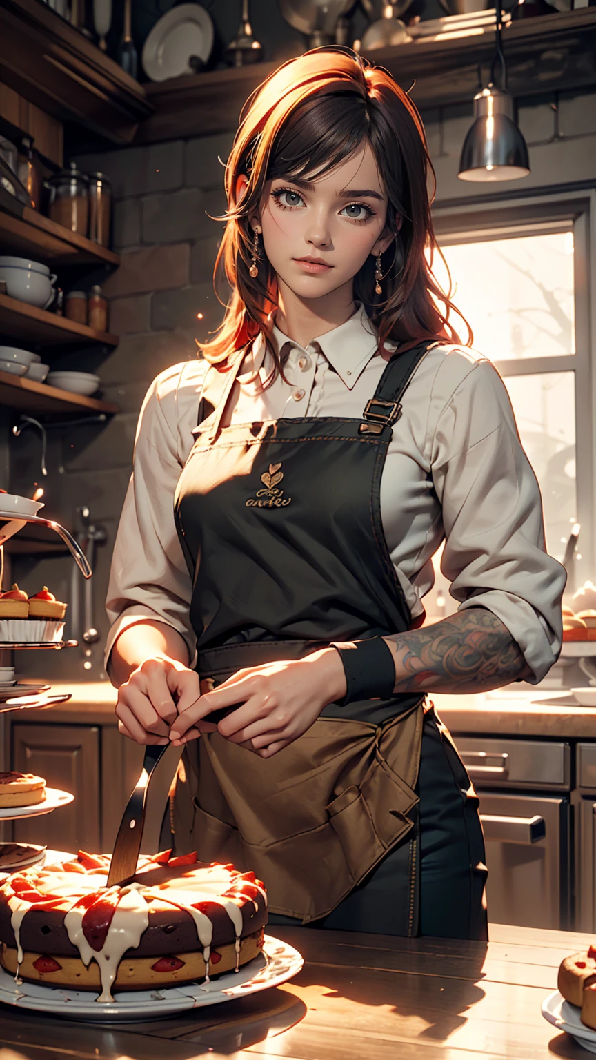Woman with tattoos, (([red|black] hair)), long hair, wearing a black apron,  cooking, View the viewer, kitchen, Cakes and pies on the background,  indoor, (Calm tone:1.0), (High resolution:1.25), (Art Station:1.2), dramatic, (Intricate details:1.14), (Ultra-realistic 3D rendering:1.16), (Movie:0.55), (Rutkowski:1.1), (Faded:1.3)